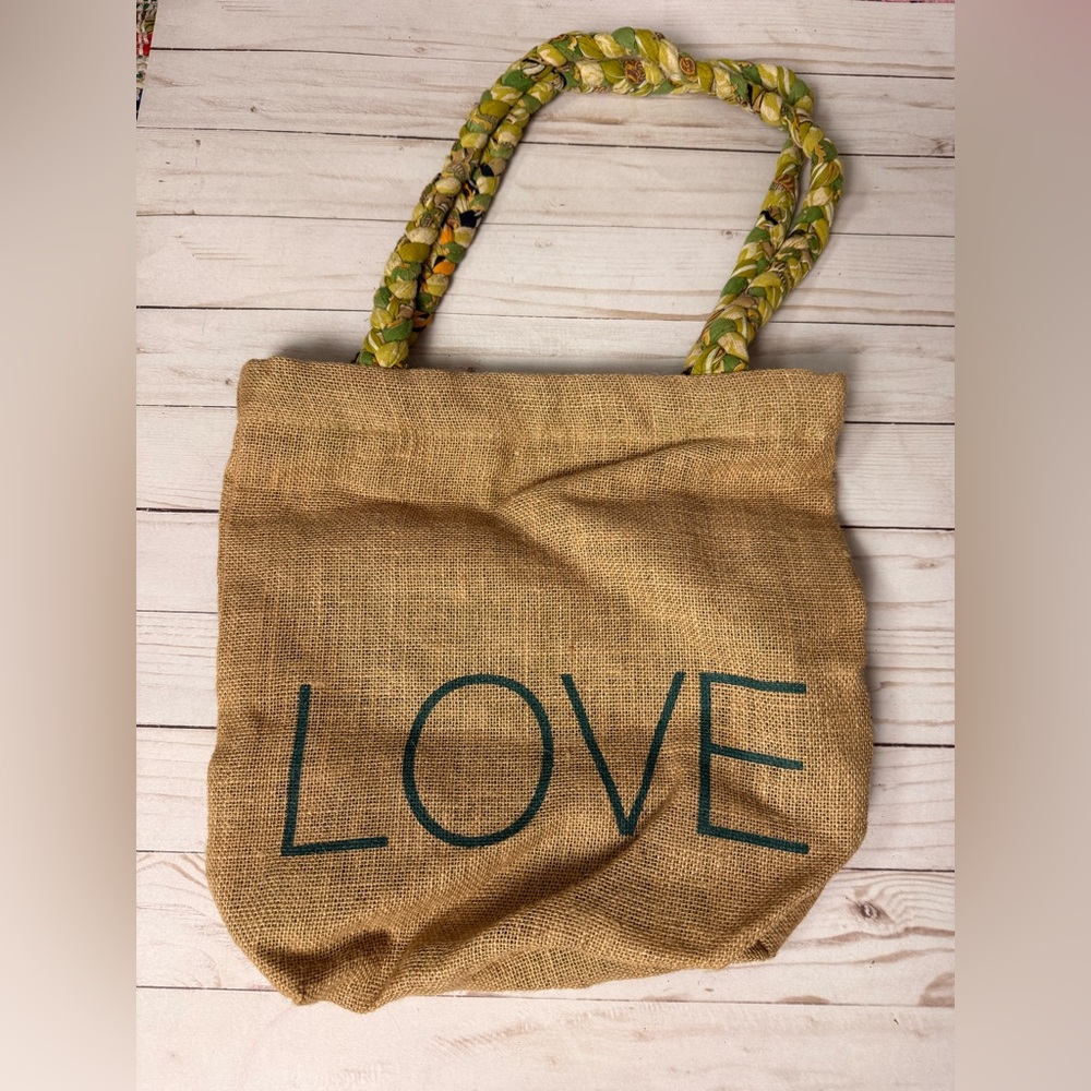 Love Burlap Tote Bag with Braided Handles